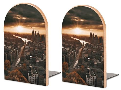 1 Paar Holz-Buchstützen York City Sonnenuntergang Bild Druck große Kapazität Büro Buchstützen mit Metallsockel Buchstützen Dekoratives Bücherregal Organizer für Geschenk Home Office Bibliothek (Buche