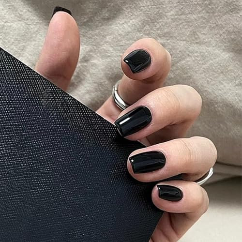 32 PCS Black Short Press On Nails Kit- French Tip Stick On Nails with Glue and Tools, French Fake Nails for Girls Women Nail Art at Home DIY Manicures 9