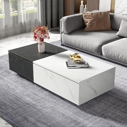 LANTRO JS Wohnzimmertisch mit Stauraum, Tische für Wohnzimmer, Couchtisch mit Stauraum, Marmoroptik-Furnier, Design mit Zwei Schranktüren, 110x50x28cm