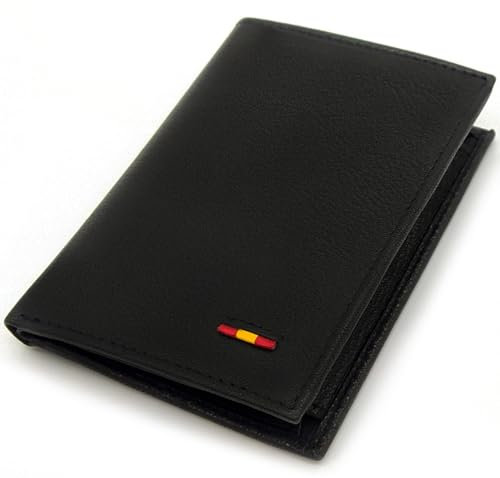 Hispapiel Cartera Hombre España. Billetera de Piel Negra Caballero. Tarjetero Monedero de Cuero con Bandera de España pequeña. Made in Spain (Vertical)