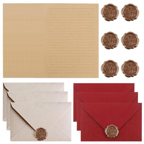 32 Stück Vintage-Papier Umschläge Briefpapier Set mit 20 Briefpapier | 6 Wachssiegel-Aufkleber und Leinenumschlag Umschläge für Geburtstag, Hochzeits Einladung, Grußkarten, Liebesbrief