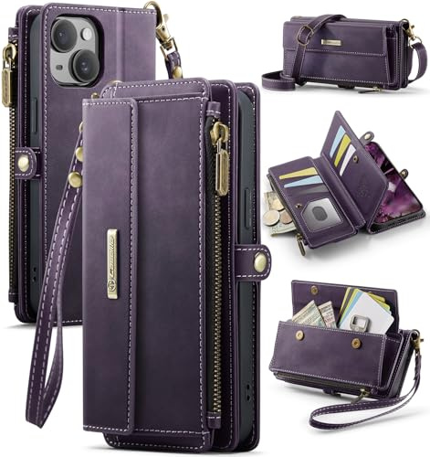 FONREST Compatible with iPhone-15+Plus Crossbody Purse Bag Case, Magnetic Flip Flap PU Leather Wallet Cover w/Kickstand 9 RFID Blocking Card Holders Zip Pocket Lanyard Wrist Strap (Purple)