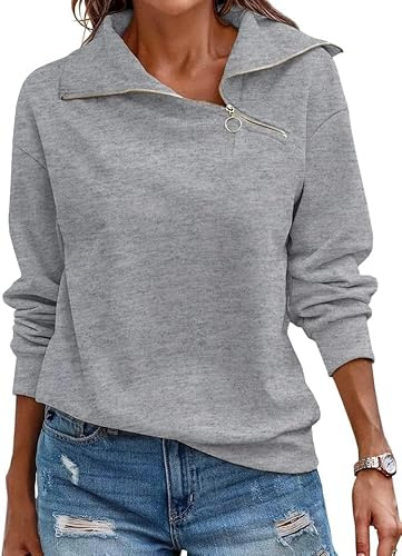 Fisoew Womens Long Sleeve Zipper Sweatshirts Turtleneck Lapel Collared Pullovers Casual Loose Fit T-Shirts