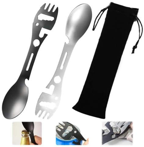 GHPKOTW 2 Pezzi Forchetta Cucchiaio Multifunzionale, Posate Da Campeggio 9 In 1, Acciaio Inossidabile, Posate Per Viaggi, Attività All'Aperto, Cucchiaio Forchetta Combo, Adatto Per Il Campeggio