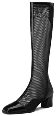 Donna Tacco Alto A Blocchi Stivali Estivi con Cerniera Posteriore Ritaglio Rete Stivali Alti al Ginocchio Punta Quadrata Vernice Décolleté De Vestito,Nero,35 EU