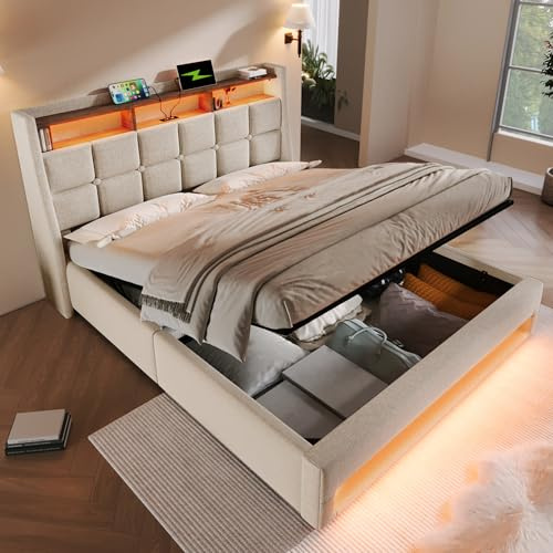 Merax Double bed frame with Storage, 4ft6 Upholstered Double Ottoman Bed Frame with Storage Headboard Shelves&Charging Station&&LED Lights(head and foot), Beige+Linen (No Mattress)/135x190CM