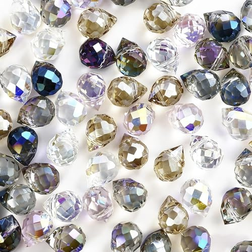 Lot de 100 perles en verre en cristal brillantes en forme de goutte - Couleurs mélangées - Pour la fabrication de bijoux, colliers, bracelets, boucles d'oreilles, projets d'artisanat - 8 x 10 mm