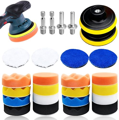 26 PCS Car Polishing Pads Drill Polishing Kit with 16 Sponge Pads 6 Wool Flannel Cotton Pads 4 M10 Drill Attachments, Drill Polishing Pads for Car Waxing Headlight Restoration Furniture Refinishing