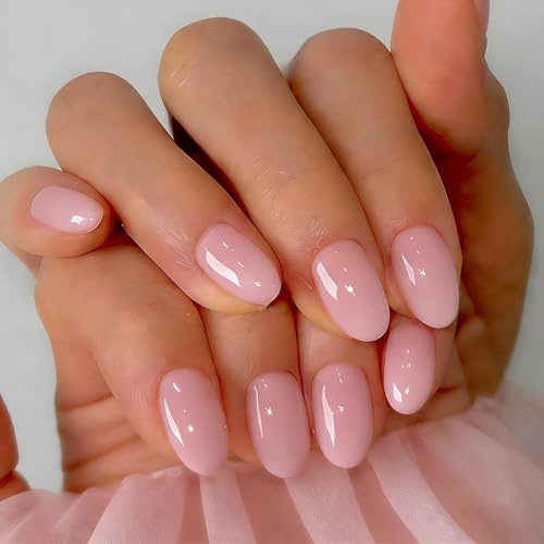 SXVME Soft Gel Press On Nails Short, 32 Pcs 16 Sizes Sheer Pastel Baby Pink Short False Nails Press ons Oval, Reusable Artificial Nails, Natural Almond Stick On Nail for Women Everyday Elegance