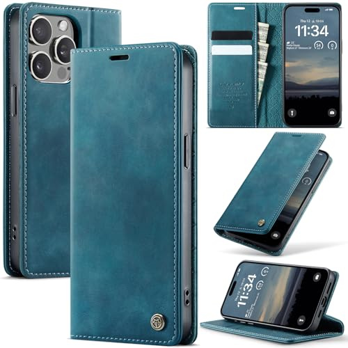 Cracedily Wallet Case for iPhone 13 Pro Max Leather Wallet Flip Cover with Card Holder, Kickstand, Magnetic Closure, RFID Blocking TPU Shockproof Phone Case Compatible with 13 Pro Max, Blue-Green