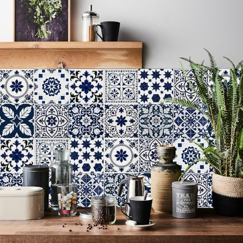 Tile Stickers for Kitchen 24 pcs Stick on Tiles Kitchen Bathroom Self | Adhesive Peel and Stick Wall Waterproof Oil-Proof (20cm x 20cm, 8x8 inches) for Floor Stairs Furniture(BLUE WHITE)