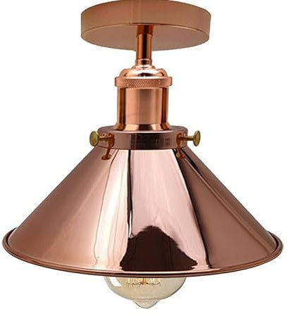 DC VOLTAGE E27 Flush Ceiling Light with 22cm Rose Gold Conical Lampshade Easy Fit Premium Quality Energy Efficient Vintage Semi Flush Ceiling Lighting for Bedroom, Living Room, Kitchen (No Bulb)
