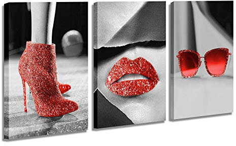 LACHART Wandschmuck für Frauenschlafzimmer, rote Lippen, modische High Heels und Sonnenbrille, Bilder auf Leinwand, modernes sexy Kunstwerk Gemälde für schwarz-weißes Badezimmer, 30,5 x 40,6 cm, 3