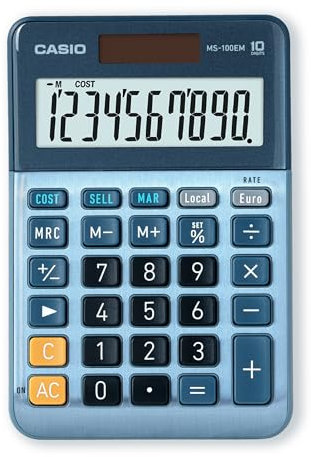 Casio MS100EM Calculatrice de Bureau à 10 Chiffres à énergie solaire/Batterie avec Calcul de Pourcentage avancé, Conversion de devises en euros Bleu