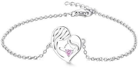 YL Mutter und Tochter Armband 925 Sterling Silber Schnitt Oktober Geburtsstein Rosa Zirkonia Herz Armband für Mama Damen
