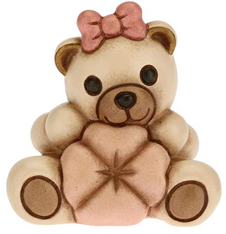 THUN - Bomboniera Teddy con Quadrifoglio Portafortuna Rosa - Bambina, Nascita - Linea Bomboniere - Ceramica - 6 x 4,2 x 5,5 h cm