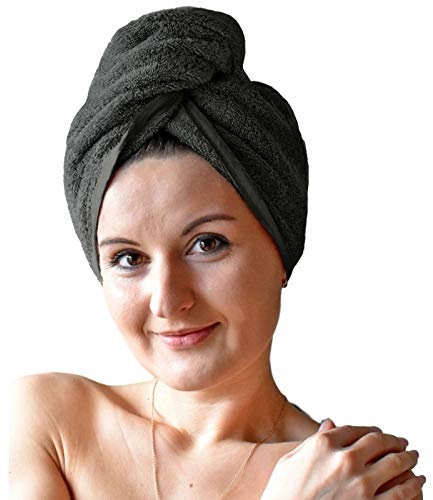 HOMELEVEL Frottee Haarturban Turban mit Knopf für Erwachsene aus 100% Baumwolle, saugstark, Stabiler Halt (Erwachsene 1 x Anthrazit)
