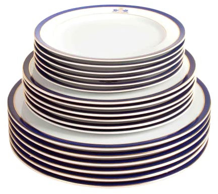 FranquiHOgar Juego de 18 Platos de Porcelana Blanca - 6 Grandes, 6 Medianos, 6 Pequeños de Postre | Azul Cobalto Duisburg