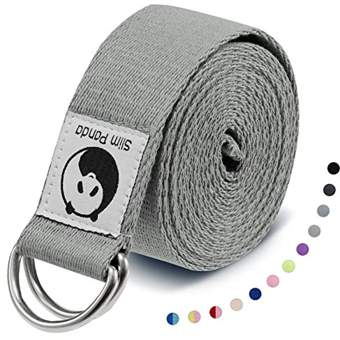Slim Panda Yoga Gurt Aus Baumwolle - Praktisches Zubehör für Dehnen und Fitness Mit Schiebeschnalle Aus Metall - Für Anfänger & Fortgeschrittene, 250 cm Hellgrau