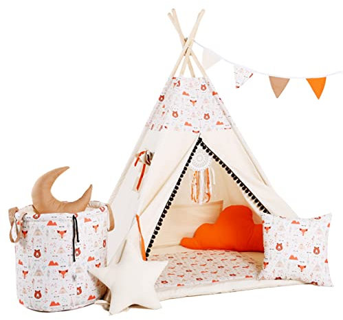 Rainbow Kids Tipi Zelt für Kinder | Baumwollsegeltuch Tippi Kinderzelt, Mehrere Muster und Farben mit und ohne Spielzubehör für Outdoor- und Indoor-Kinderspaß (Fuchsi und Bärchen, mit Zubehör)
