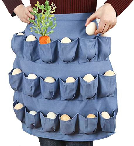 HorLaLa Egg Collecting Apron with 18 Pockets for Gathering Chicken, Duck, Goose Eggs, Chicken Egg Apron, Chicken Gift for Mums & Friends, Chicken Coop Accessories, Blue 21inch