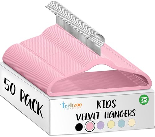 TechZoo 50 Premium Kids Velvet Hangers - 14 Non-Slip Clothes Hangers for Kids & Preteens - Ultra Slim, Space-Saving, Strong & Durable Hangers with 360° Swivel Hook - Pink