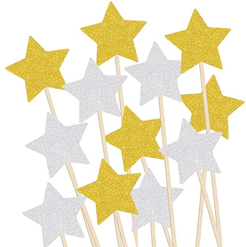 Dacitiery 20 Pcs Stars Glitter Cake Toppers for Birthday Cake Decorations Wedding Cake Toppers