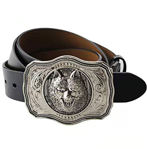 WRJAHCG Gürtel Männer, Western Denim Gürtel, Tier Wolf Gürtelschnalle Ledergürtel Jeans Ritter Metallschnalle Gürtel,Schwarz,115CM/45.3''