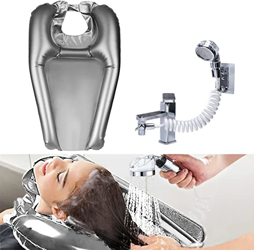 Aufblasbares Haarwaschbecken Tablett für Bettlägerige mit Handbrause Extern, 60 * 38 cm Mobiles Waschbecken Haarwaschhilfe für Kinder, Behinderte, alte Menschen und Schwangere