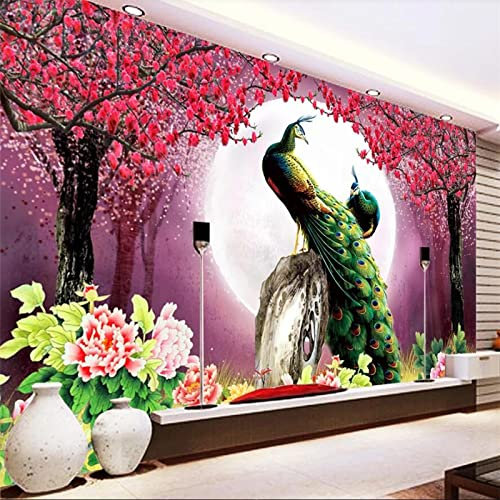 YABAOST Selbstklebendes Wandbild 400X280Cm 3D Wandtattoo Wandsticker Schlafzimmer Rot Bäume Pfau Wanddeko Wandaufkleber Wohnzimmer Tapete Wasserdichtes Pvc Wandbild Hintergrund