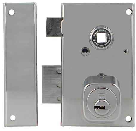 Amig - Links Überfüllschloss mit Hebel, Zunge und Quadrat für Holztüren Mod. 75N | 67 x 112 mm | Sicherheits-Rundzylinder | Silber Stahl