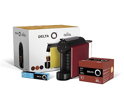 Delta Q - Pack Cafetera con Cápsulas - Mini Qool Roja - Para Cafés, Té y Bebidas Calientes - Sencilla y Práctica - Diseño Elegante - Incluye Pack 40 Cápsulas Qalidus + 10 Cápsulas Decaf