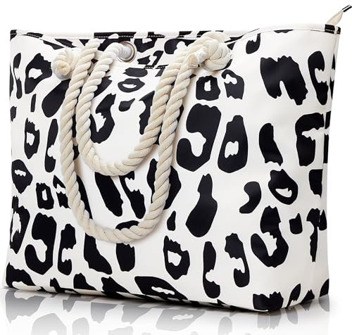 KALIDI Große Strandtasche mit Reißverschluss Wasserdicht Badetasche Strandtasche XXL Familie Beach Tote Bag mit Reißverschluss Große Shopper Damen Sporttasche Schultertasche, Leoparden