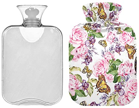 2L Wärmflasche mit Bezug, Roses Peonies Lavender Butterfly Hot Water Bag for Hand Feet Warmer, Classic Transparent Warm Water Bottle for Menstruation Cramps, Neck and Shoulder Pain Relief