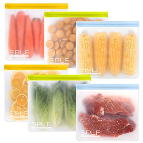 SPLF 6 Pack Reusable Gallon Freezer Bags Dishwasher Safe, BPA Free 1 Gallon Leakproof Silicone and Plastic Free Food Storage Bags for Meal Prep, Fruits, Sandwich, Snack, Travel Items