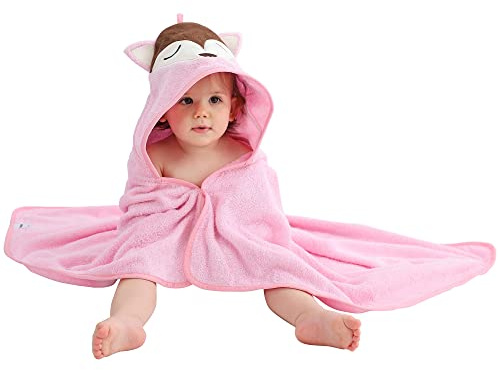 COOKY.D Bambus Kapuzen Badetuch Kleinkind Reisedecke Großformat Jungen Mädchen Tier Bademantel Fuchs 75x100cm