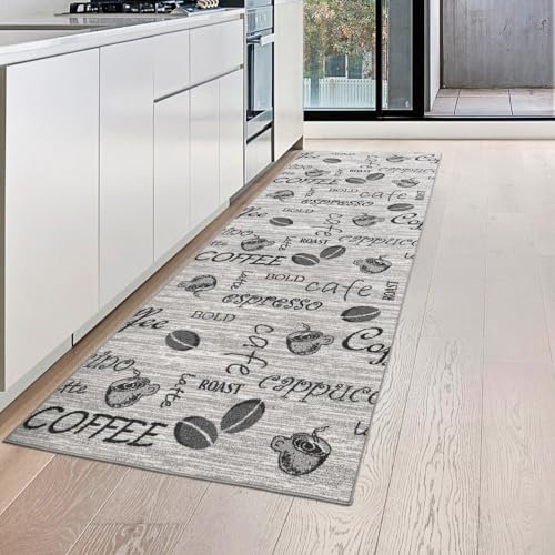 Teppich-Traum Kaffee Küchenläufer grau mit Gelrücken und Schriftzug in schwarz, 80 x 150 cm