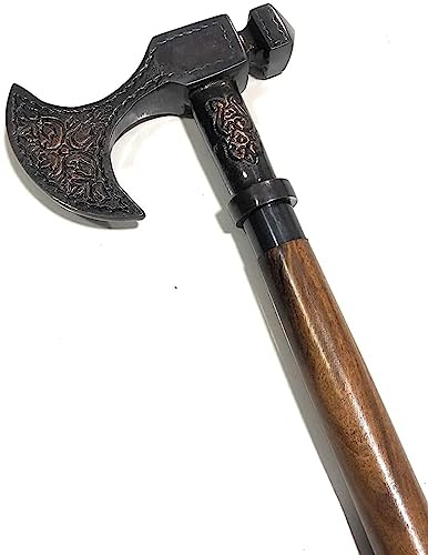 Authentic Gift Collection Designer Brass Head Handle Walking Cane Vintage Walking Stick Style Handmade Brass Handle Walking Stick Design Vintage Walking Cane (Black - Viking Hand Axe)