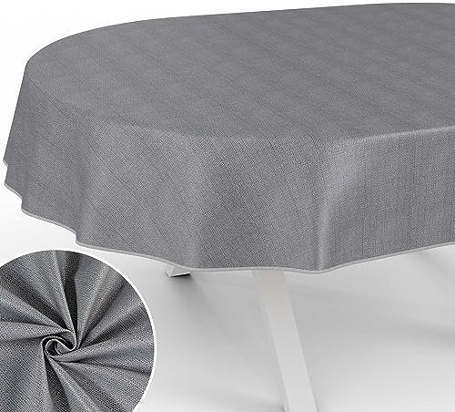Stoff Tischdecke Textil Tischwäsche Tischtuch Baumwolle Polyester abwaschbar Uni Ornament Damast Jacquard Gewebe waschbar Dunkelgrau Oval 160x140cm mit Saum (Eingefasst)