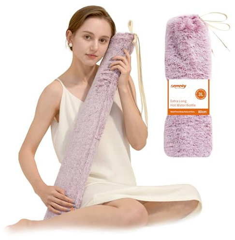 samply Long Hot Water Bottle - 3L Large Capacity, Hot Water Bag with Furry Cover, Purple