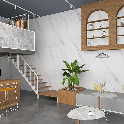 JSEVEM 80CM×4M Extra Wide Thick White Grey Marble Wallpaper Peel and Stick Waterproof White Gray Marble Contact Paper for Worktop Vinyl Glossy Granite Wall Sticker for Bedroom Bathroom Living Room