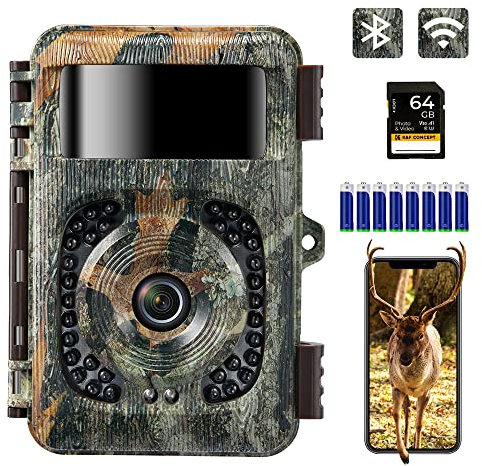 K&F Concept 48MP 4K WLAN Wildkamera handyübertragung, WiFi Wildkamera mit bewegungsmelder nachtsicht 0,2s No Glow LEDs IP66 120°Erfassungswinkel Jagdkamera mit 64G Speicherkarte und 8 Batterien