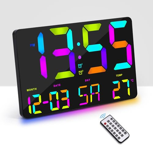 Sukeen Digitale Wanduhr Digitale Uhr, 11 Led Wanduhr Digital mit Fernbedienung, Farbige Wanduhr mit Datum/Tag/Temperatur/Mehreren Farbziffern/doppeltem Wecker, Wanduhr für Büro,Zuhause,Küche-Schwarz