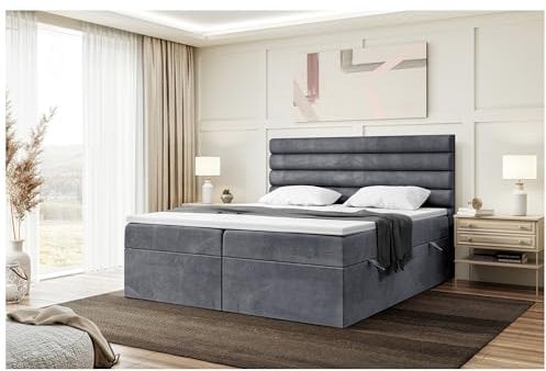 MEBLINI Boxspringbett mit Bettkasten - Gepolstert Doppelbett mit Matratze und Topper - Polsterbett mit Stauraum - Bett mit Kopfteil - Stauraumbett - Karim - 140x220 - H3/Dunkelgrau Samt