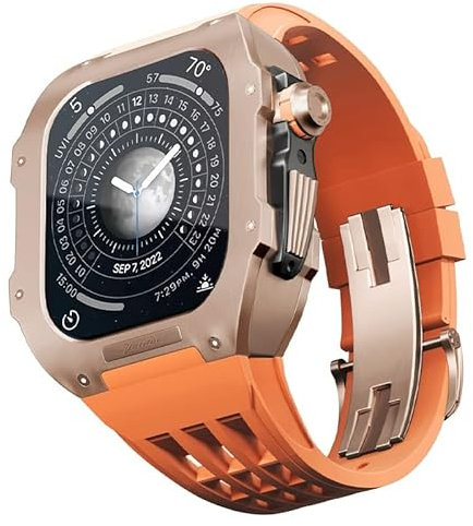 BRART Kit de modificación de reloj para Apple Watch 6 5 4 SE 44 mm caja de titanio+correa Viton, estuche de lujo y kit de modificación de banda (color: naranja 5, tamaño: 44 mm), 44MM, Agate