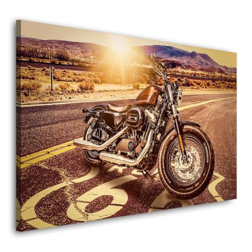 Kunstgestalten24 | Harley Motorrad auf Route 66 Leinwandbild – Vintage USA Wandbild mit Sonnenuntergang – Biker Deko für Wohnzimmer Büro Garage – XXL | 90x60cm, 2cm Rahmentiefe