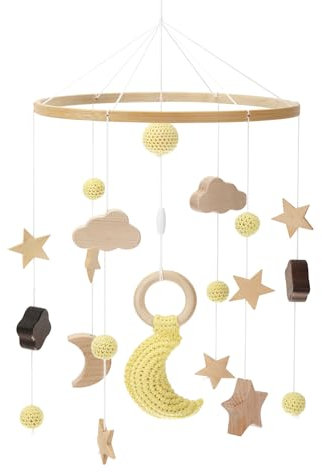 Collazoey Mobile babybett,Mit gehäkelten Monden,Sternenund Wolken hängenden Dekorationen,Holz Mobile Baby Windspiel,Geschenk für Baby Mädchen oder Jungen (C)