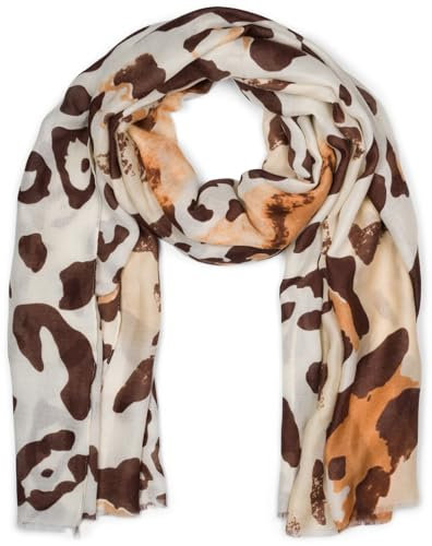 styleBREAKER Damen Schal mit buntem Leoparden Animal Print Muster, Leichtes großes Tuch mit kurzen Fransen 01016225, Farbe:Braun-Beige