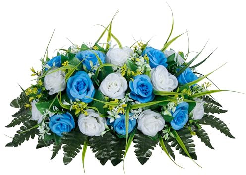 MOOMASS Grabstein-Blumensattel – künstliche Friedhofsblumen, Rose, Grabdekoration, nicht blutende Farben, einfache Montage (Hellblau + Weiß, Sattel)