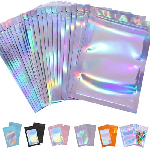 50pcs Holographic Mylar Bags 20x30cm - Resealable Smell Proof Foil Pouches for Lipgloss, Jewelry, Eyelash, Food Storage and Gifts With Ziplock